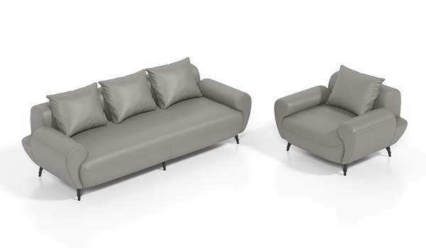 2-Piece Light Grey Faux Leather Living Room Sofa Set (3-Seater + Single Armchair)