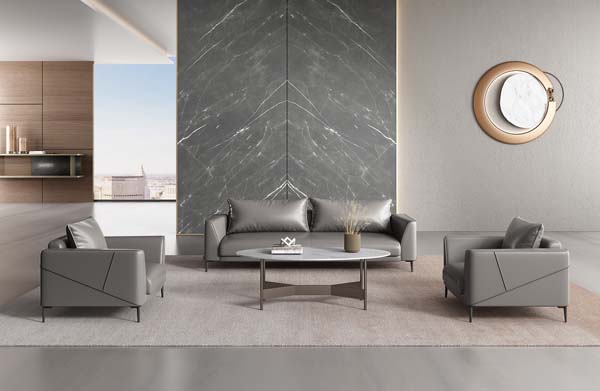 Modern Light Grey PU Leather 1+1+3 Commercial Reception Lounge Sofa Set with Dark Metal Legs and Diagonal Arm Stitching