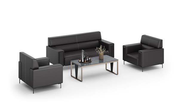 Black Faux Leather Office Reception Seating Set with Slate-Top Coffee Table (3+1+1 Configuration)