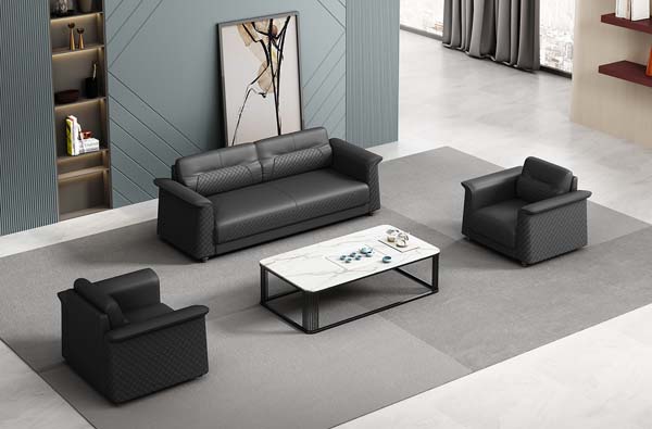 Commercial Office Reception Seating Set, 3-Seater Sofa + 2 Single Armchairs with Rectangular Marble-Effect Coffee Table