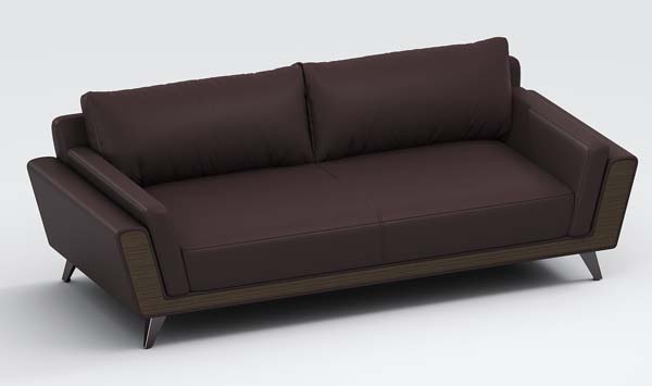 Dark Brown Faux Leather Three-Seater Reception Sofa with Wood Accents