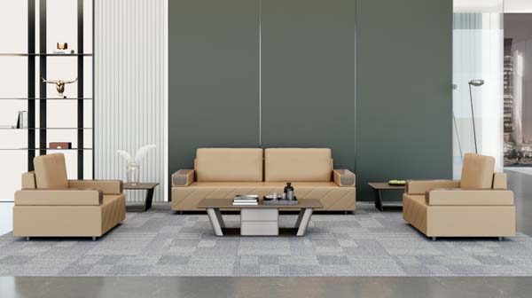 Beige Faux Leather Office Reception Sofa Set with Coffee and Side Tables