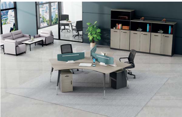 3-Person Curved Open Office Workstation with Teal Privacy Screens and Mobile Pedestals
