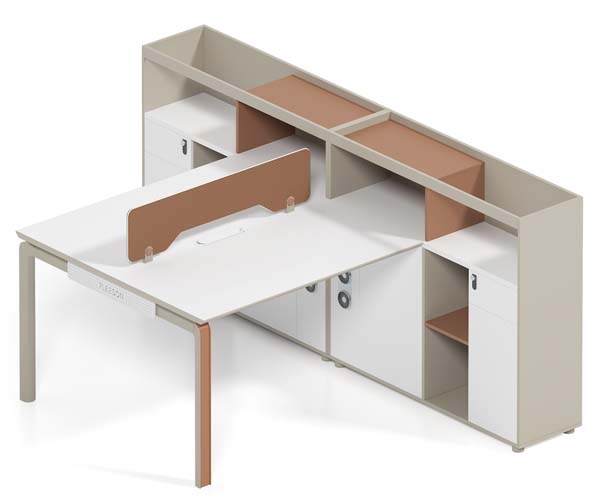 Two-Person L-Shaped Office Workstation with Integrated Hutch Storage and Privacy Divider