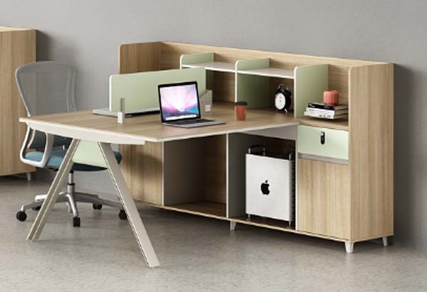 Two-Person Workstation Desk with Integrated Privacy Dividers and Side Storage Cabinet