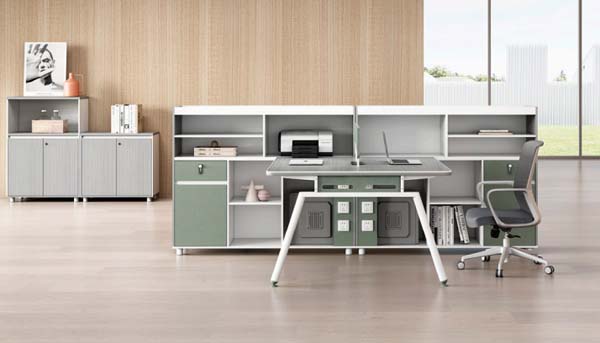 Two-Tone Sage Green & Gray Mobile Office Workstation Desk with Integrated Full Storage Hutch and Power Panel