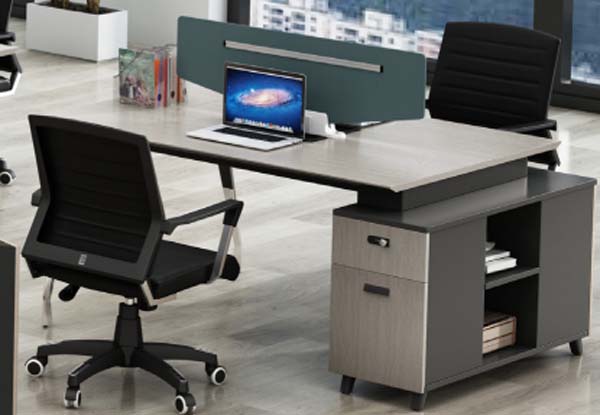 Height-Adjustable L-Shaped Office Workstation Desk with Side Storage Cabinet and Divider Screen