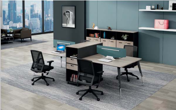 2-Person Face-to-Face Panel Office Workstation with Central Storage and Teal Privacy Screens