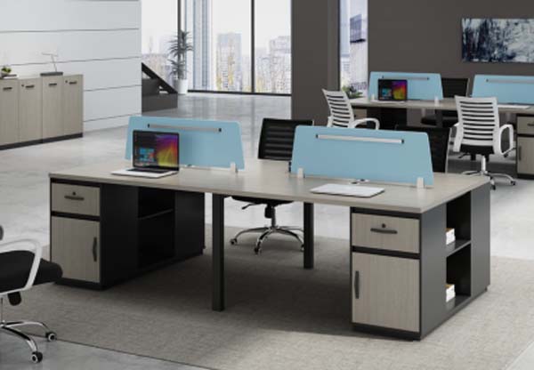 2-Person Side-by-Side Bench Office Workstation with Blue Privacy Dividers and Fixed End Storage Pedestals