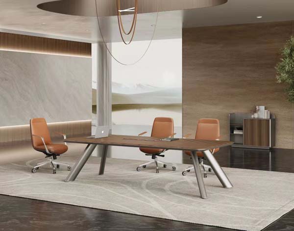 Modern Walnut Veneer Rectangular Conference Meeting Table with Splayed Brushed Metal Legs
