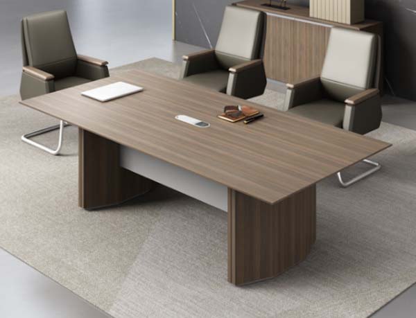 6-Person Walnut Finish Rectangular Conference Table with Fluted Dual Pedestals and Central Cable Grommet