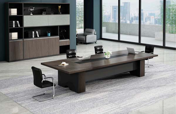 Dark Wood Veneer Rectangular 12-Person Conference Table with Central Cable Management