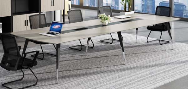 Light Gray Rectangular Multi-Seat Conference Table with Central Cable Channel and Two-Tone Angled Metal Legs