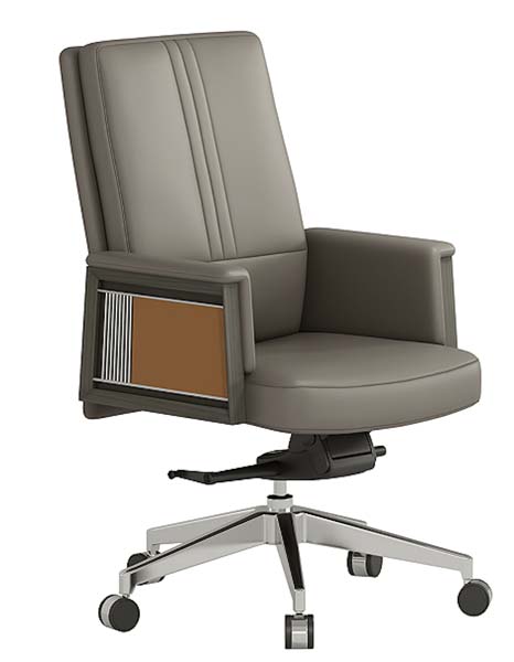 High-Back Grey Upholstered Executive Office Chair with Brown Wood Arm Accents