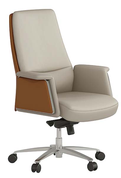 Light Gray Upholstered High-Back Executive Office Chair with Wood Veneer Back Accent and Polished Aluminum Base
