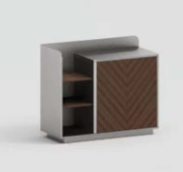 Modern Low Storage Side Cabinet with Herringbone Wood Door and Glass Compartment
