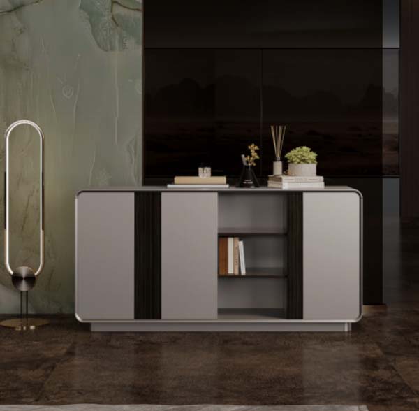 Matte Light Gray Contemporary TV Media Console with Black Fluted Accents and Central Open Shelves