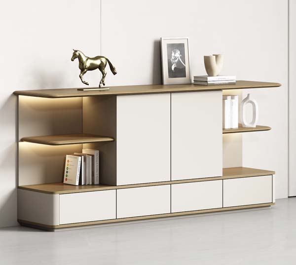 Modern Light Luxury LED TV Media Console with Open Shelves and Storage Drawers