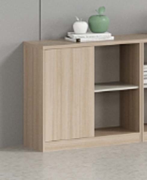 Light Oak Effect Low Storage Cabinet with Fluted Sliding Doors and Open Shelves