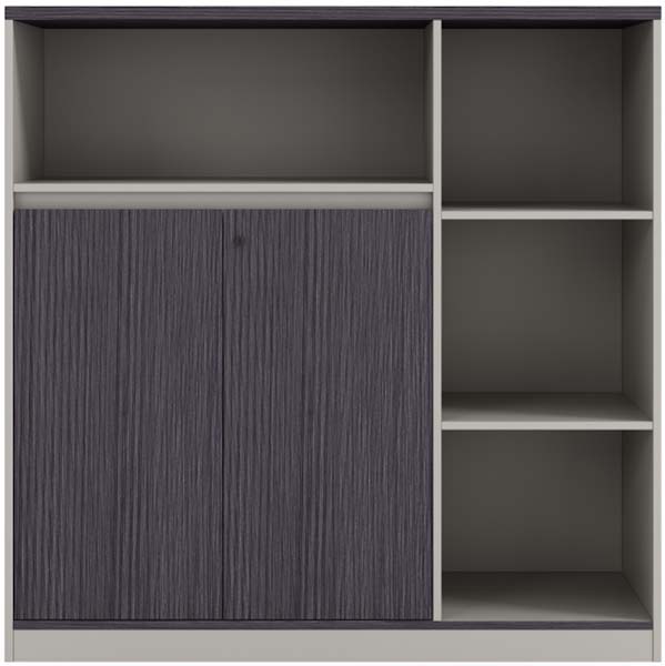 Two-Tone Asymmetrical Office Storage Cabinet with Fluted Double Doors and Open Shelves