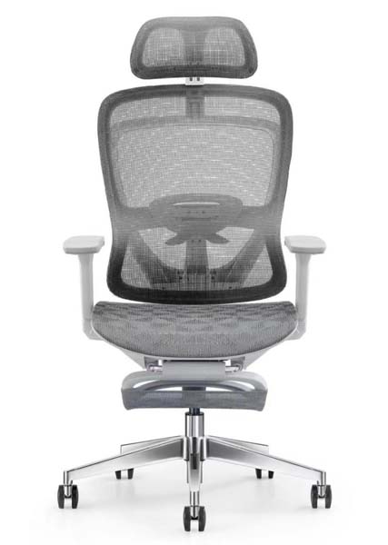 Grey Mesh High-Back Ergonomic Office Chair with Headrest and Retractable Footrest