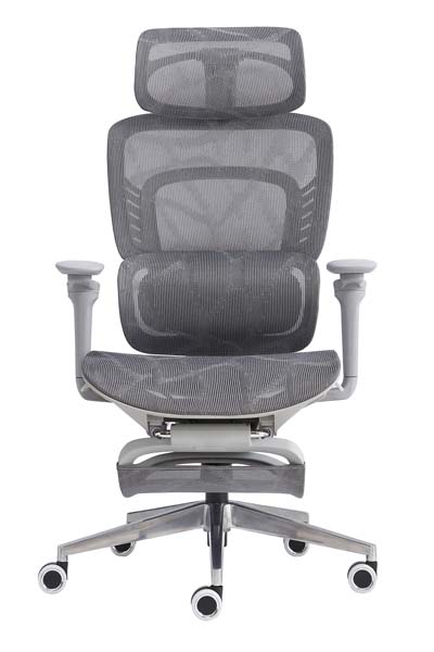 Grey High-Back Mesh Ergonomic Office Chair with Retractable Footrest and Adjustable Headrest