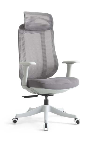High Back Light Gray Mesh Ergonomic Office Chair with White Frame and Headrest