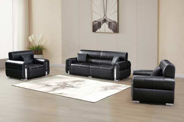 3+1+1 Black Faux Leather Upholstered Living Room Sofa Set with Chrome Accents