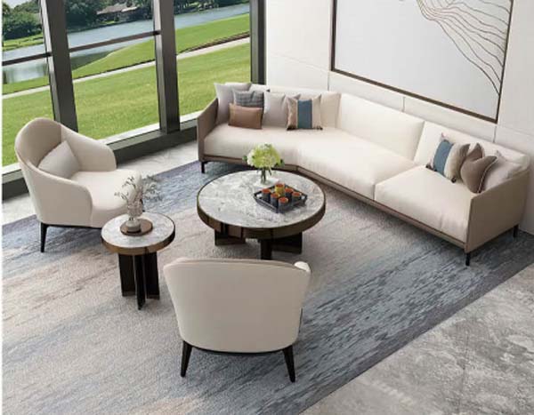 2-Piece Modern Round Marble-Pattern Coffee Table and Side Table Set with Dark Pedestal Bases and Metallic Edge Trim