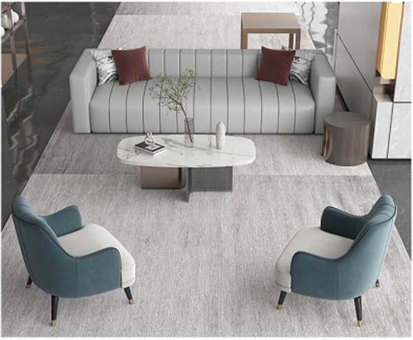 Contemporary Racetrack White Veined Coffee Table Dual Metal Pedestal Base