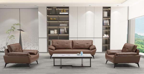 1+1+3 Configuration Tufted Brown Upholstered Office Reception Lounge Seating Set with Matching Stone-Top Metal Frame Coffee Table