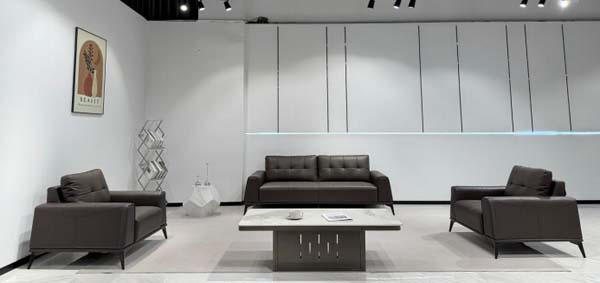 Dark Brown Tufted Leather-Look Office Reception Seating Set with Stone-Top Coffee Table
