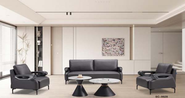 3-Piece Dark Leather Office Reception Lounge Set with Nested Round Coffee Tables