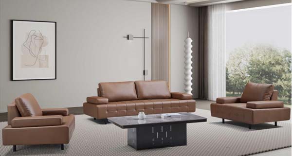 4-Piece Modern Brown Tufted Faux Leather Living Room Set with Dark Stone-Top Coffee Table