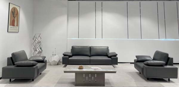 Modern Dark Grey Leather Office Reception Sofa Set 1+2+1 with Stone-Top Coffee Table