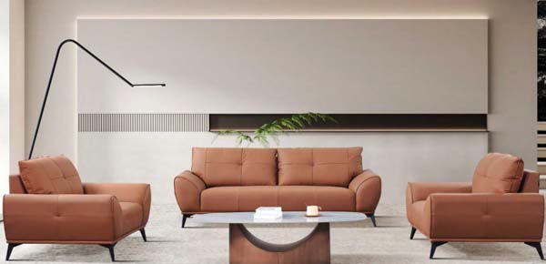 Contemporary Rectangular Coffee Table with Light Stone Top and Arched Walnut-Tone Base