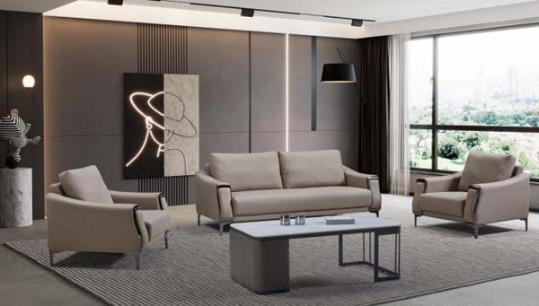 Modern Light Taupe Upholstered 3+1+1 Living Room Sofa Set With Rectangular Stone-Top Coffee Table
