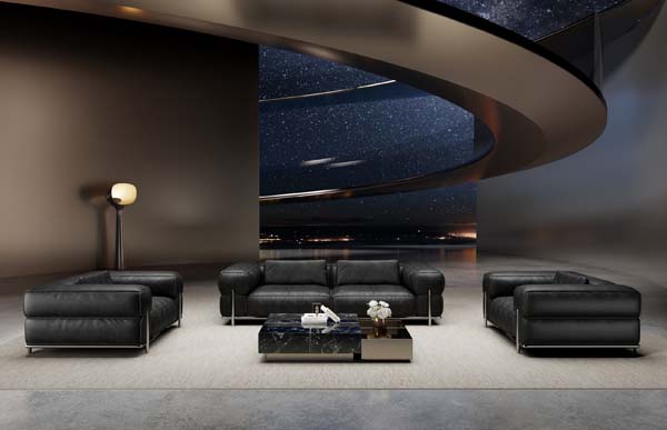 Modern Black Leather 3-Piece Living Room Sofa Set with Coffee Table