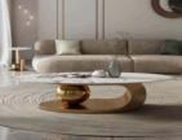 Modern Oval Polished Gold Base Stone Top Living Room Coffee Table