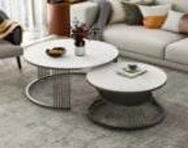 2-Piece Modern Round Nesting Coffee Table Set with White Tops and Dark Metal Wire Bases