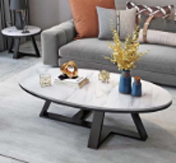 Oval White Veined Stone-Look Coffee Table with Geometric Black Metal Base