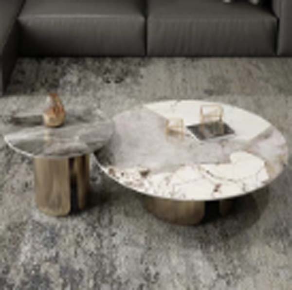2-Piece Round Nesting Coffee Table Set with Glossy Marble-Pattern Top and Brass Cylindrical Pedestal Base