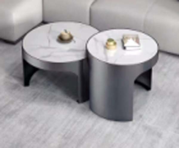 2-Piece Round Nesting Coffee Table Set with White Veined Top and Dark Gunmetal Geometric Metal Base