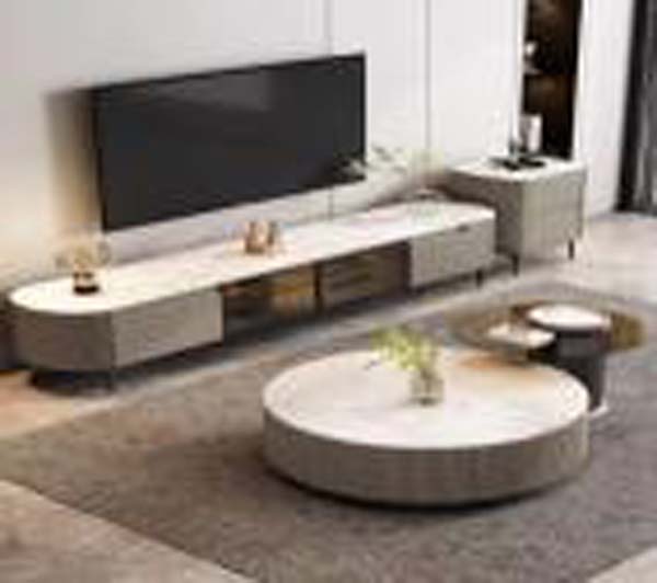 Modern Curved-Left-End TV Media Console and Round Drum Coffee Table Living Room Set