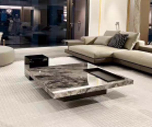 Low-Profile Rectangular Glossy Natural Veined Marble Coffee Table with Integrated Recessed Tray and Dark Plinth Base