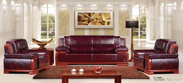 Formal Executive Office Reception Burgundy Leather Sofa Set (1+1+3 Configuration) with Solid Wood Trim