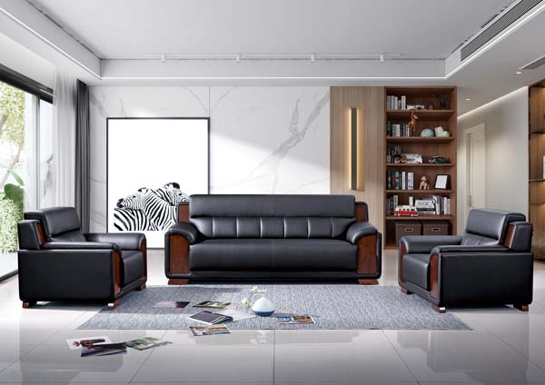 3-Piece Black Faux Leather Office Reception Sofa Set with Wood Accents