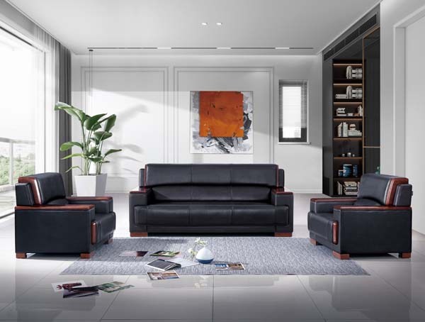 3+1+1 Black Leather Executive Office Reception Seating Set with Wood Trim
