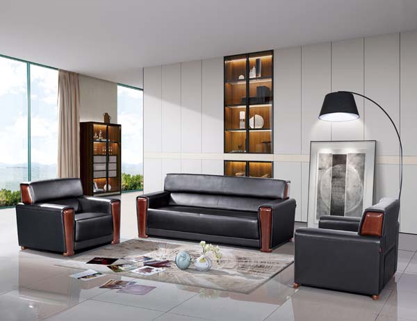 3+1+1 Black Leather Office Reception Seating Set with Wood Trim