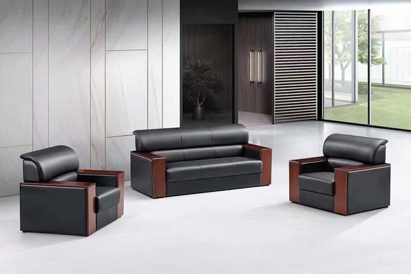 Black Faux Leather 3+1+1 Office Reception Seating Set with Solid Wood Arm Accents